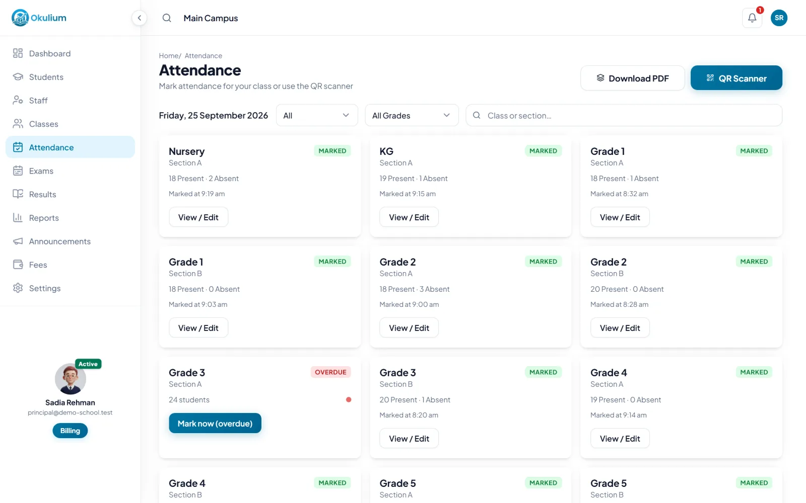 The attendance page, showing which sections have taken today's register and how many students are absent.
