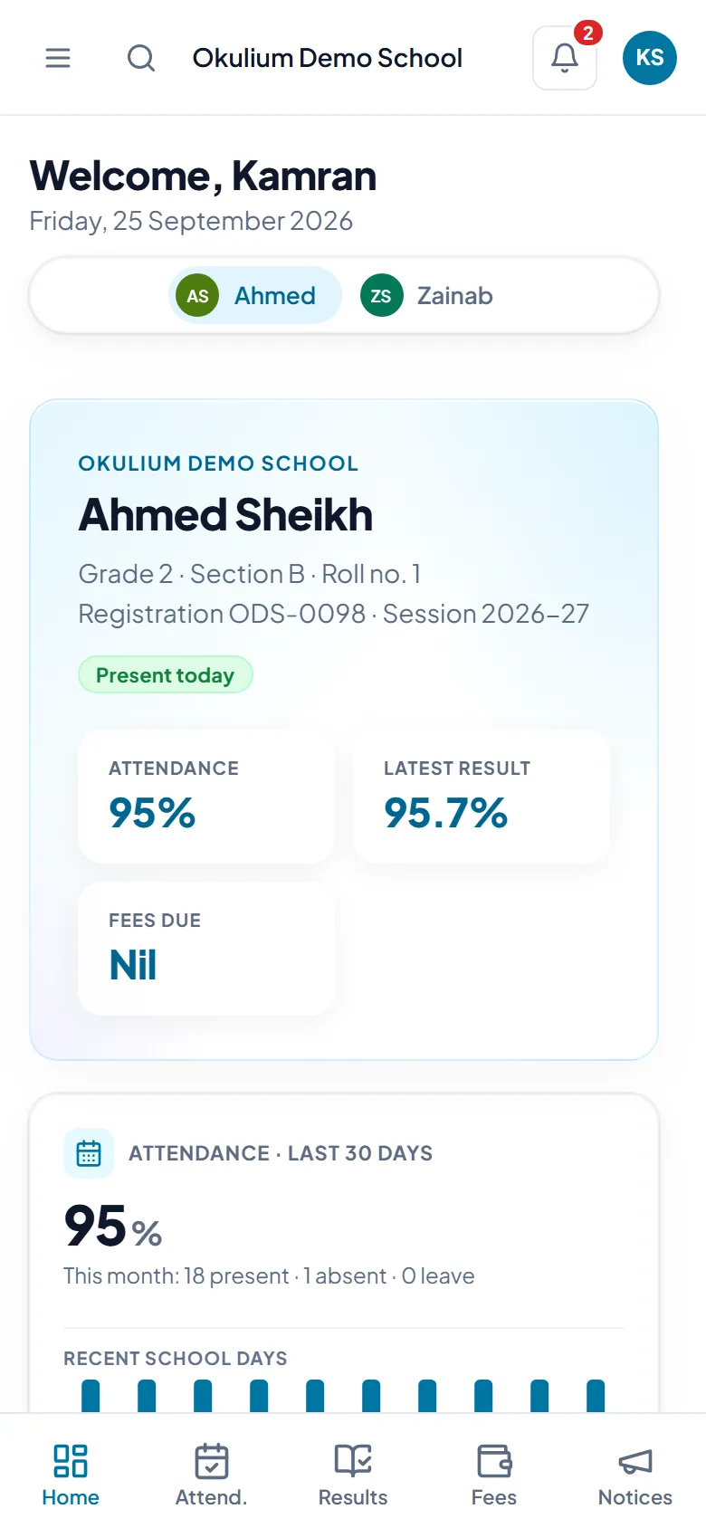 The parent app on a phone: a child marked present today, with 95% attendance and the latest result.