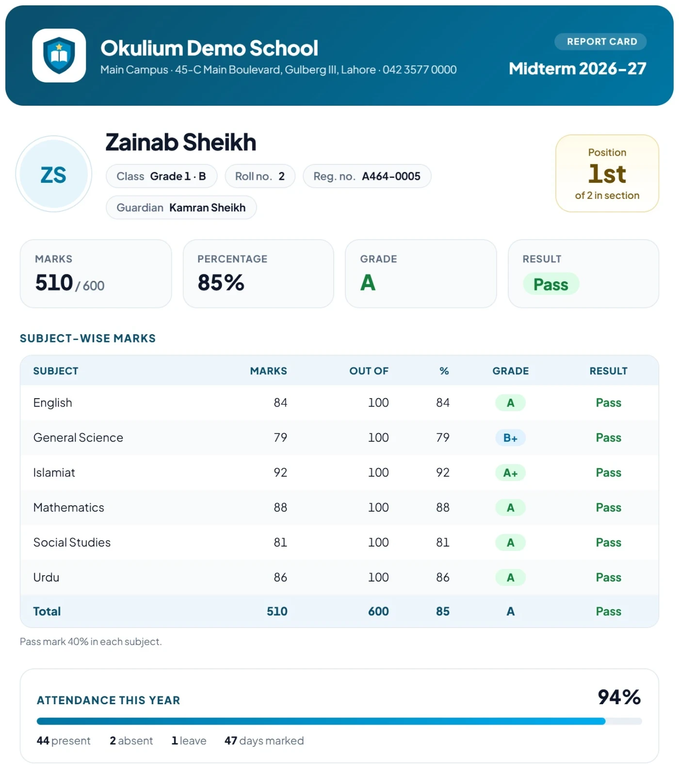 A midterm report card with the school's logo, marks and grades in six subjects, the student's position in the section and this year's attendance.