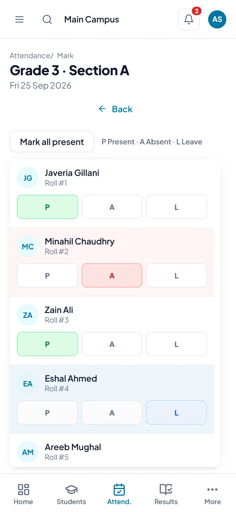 A teacher taking the Grade 3 register on a phone, with one student absent and one on leave.