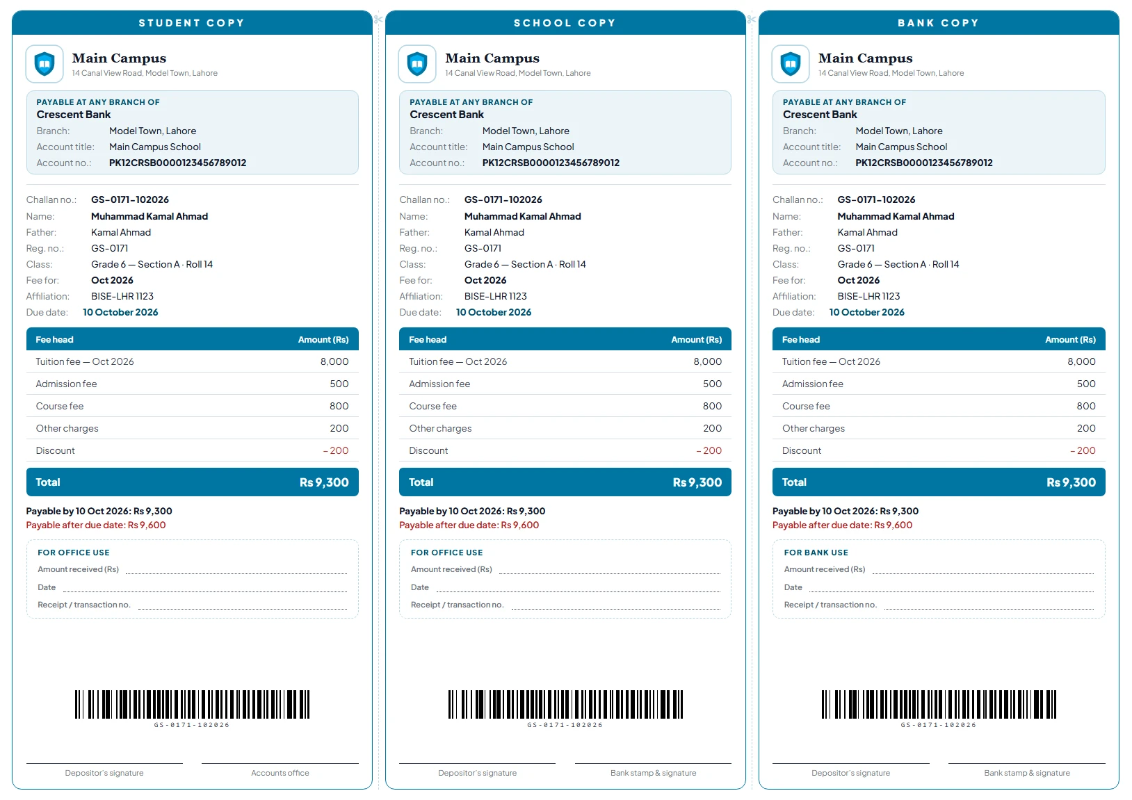 A bank fee challan with student, school and bank copies: the school's bank account, the fee heads and total, the late fee after the due date and a barcode.
